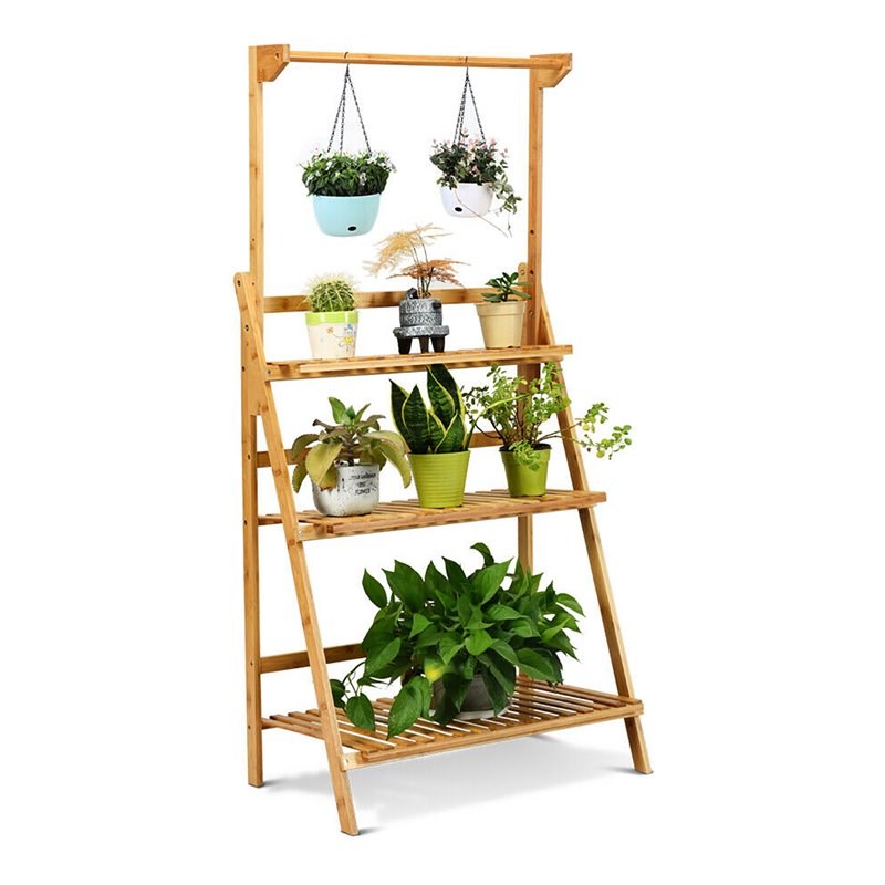 Pemberly Row 3-tier Bamboo Hanging Folding Plant Shelf Stand in Natural
