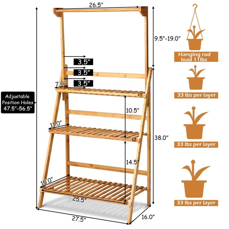 Pemberly Row 3-tier Bamboo Hanging Folding Plant Shelf Stand in Natural