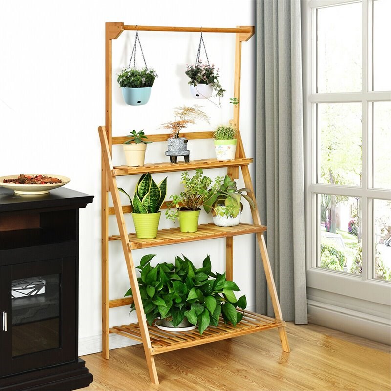 Pemberly Row 3-tier Bamboo Hanging Folding Plant Shelf Stand in Natural