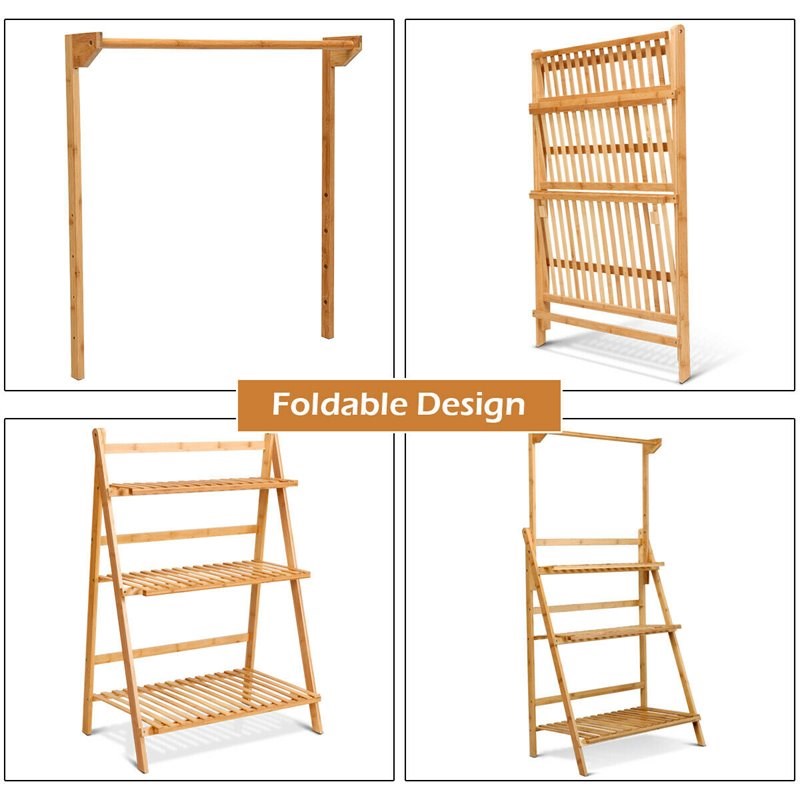 Pemberly Row 3-tier Bamboo Hanging Folding Plant Shelf Stand in Natural
