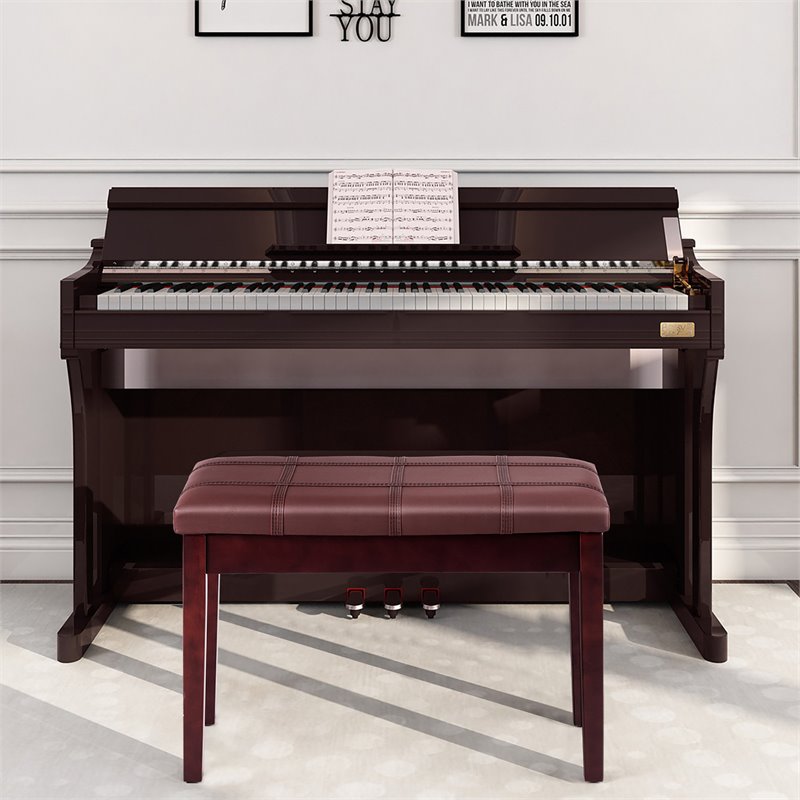 Pemberly Row Contemporary Solid Wood and PU Leather Piano Bench in Brown