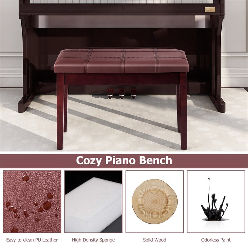 Pemberly Row Contemporary Solid Wood and PU Leather Piano Bench in Brown