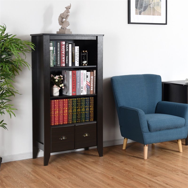 Pemberly Row 3-Shelf MDF Adjustable Bookcase with 2 Drawers in Black