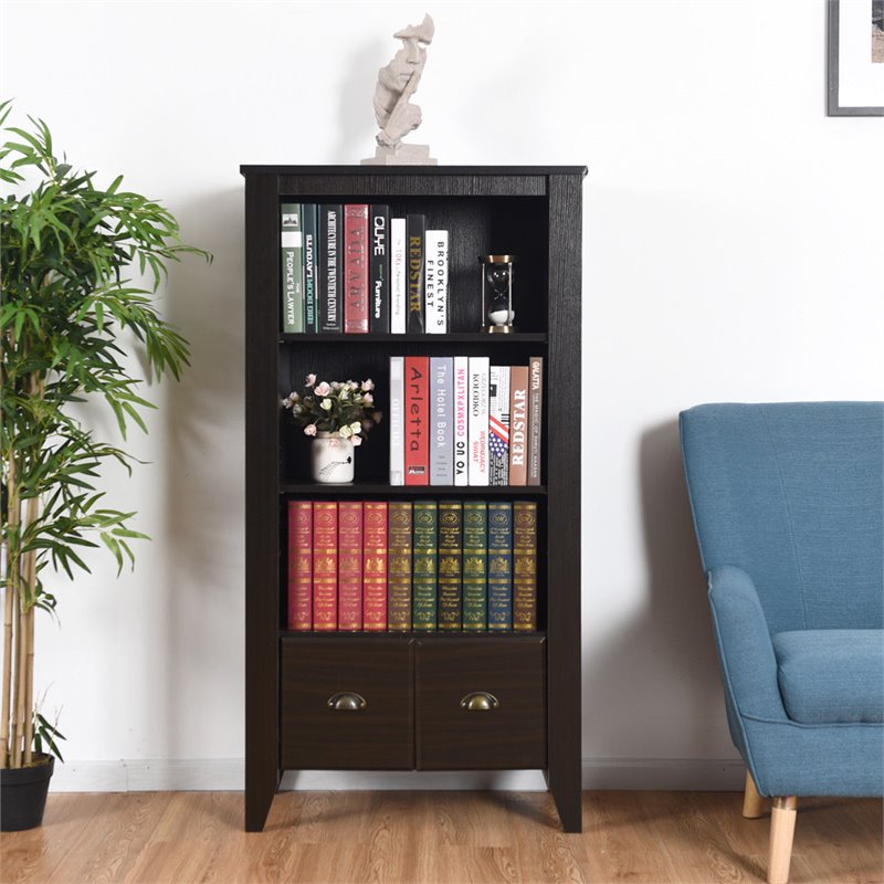 Pemberly Row 3-Shelf MDF Adjustable Bookcase with 2 Drawers in Black