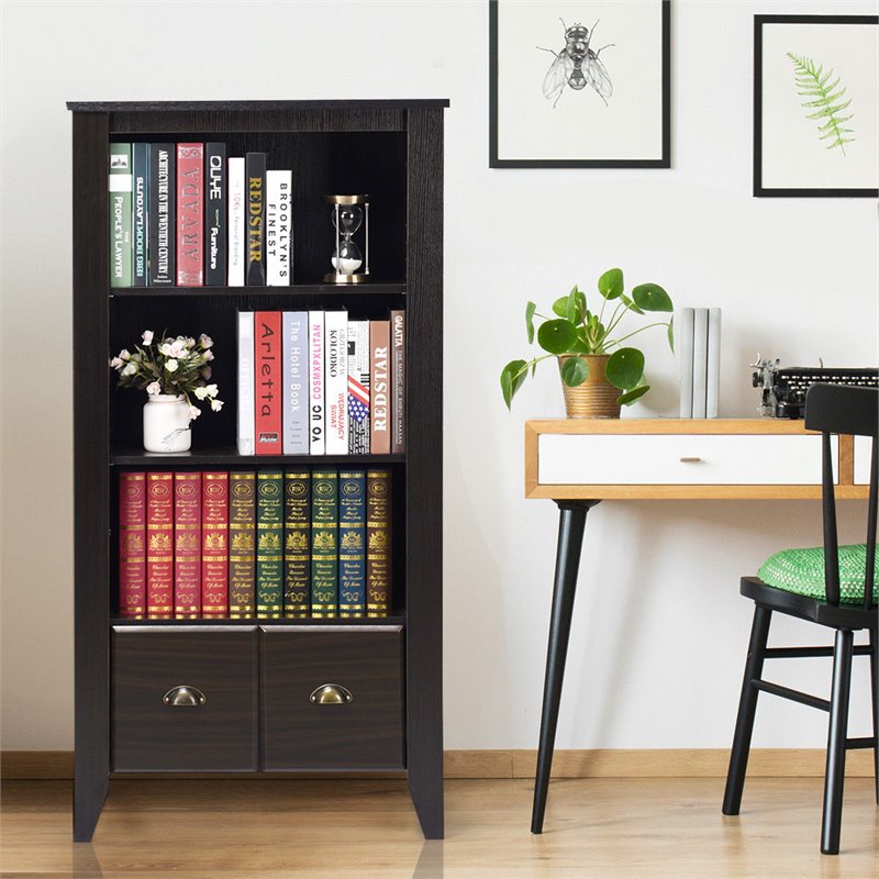 Pemberly Row 3-Shelf MDF Adjustable Bookcase with 2 Drawers in Black
