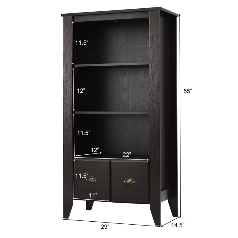 Pemberly Row 3-Shelf MDF Adjustable Bookcase with 2 Drawers in Black
