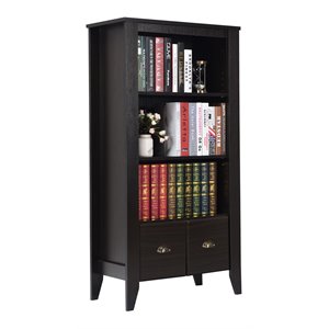 Pemberly Row 3-Shelf MDF Adjustable Bookcase with 2 Drawers in Black