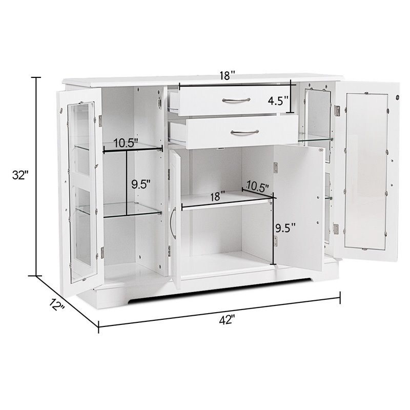 Pemberly Row Contemporary Density Board Buffet with Glass Door Drawers in White