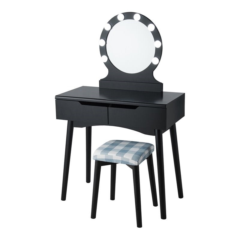 Pemberly Row MDF Vanity Makeup Dressing Set w/ 8 Dimmable Bulbs Mirror in Black