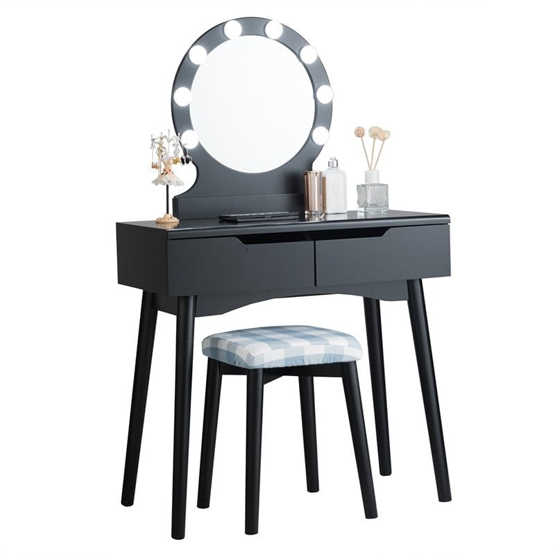 Pemberly Row MDF Vanity Makeup Dressing Set w/ 8 Dimmable Bulbs Mirror in Black