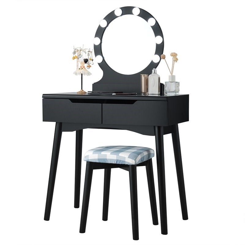 Pemberly Row MDF Vanity Makeup Dressing Set w/ 8 Dimmable Bulbs Mirror in Black