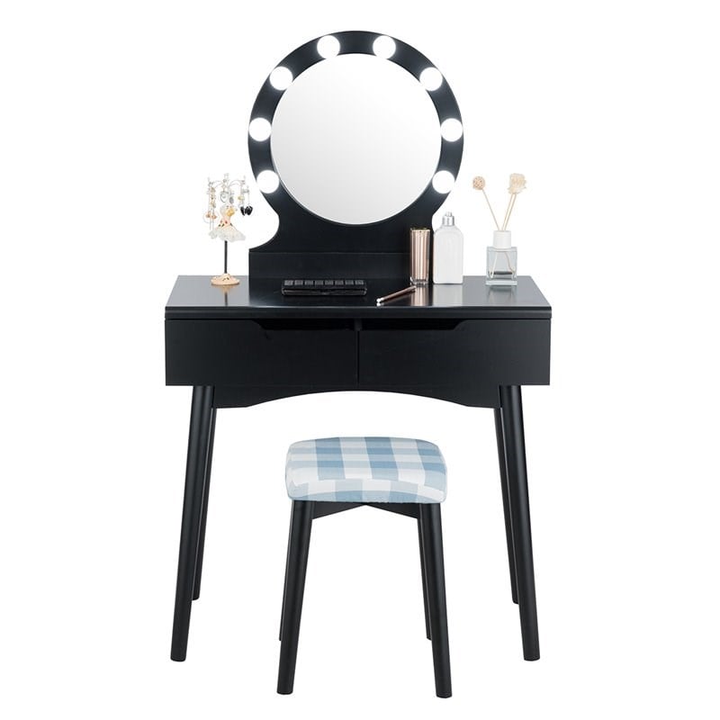 Pemberly Row MDF Vanity Makeup Dressing Set w/ 8 Dimmable Bulbs Mirror in Black