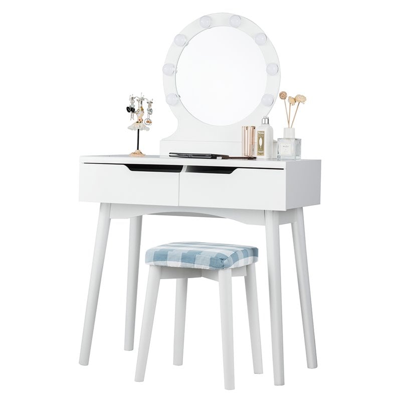 Pemberly Row MDF Vanity Makeup Dressing Set w/ 8 Dimmable Bulbs Mirror in White
