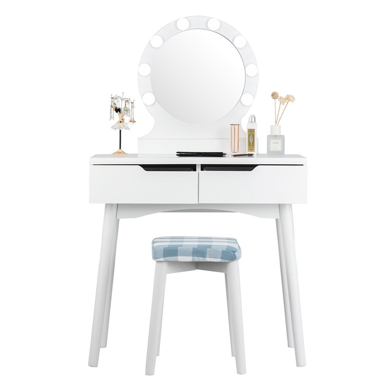 Pemberly Row MDF Vanity Makeup Dressing Set w/ 8 Dimmable Bulbs Mirror in White