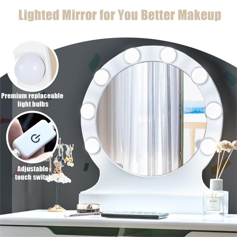 Pemberly Row MDF Vanity Makeup Dressing Set w/ 8 Dimmable Bulbs Mirror in White