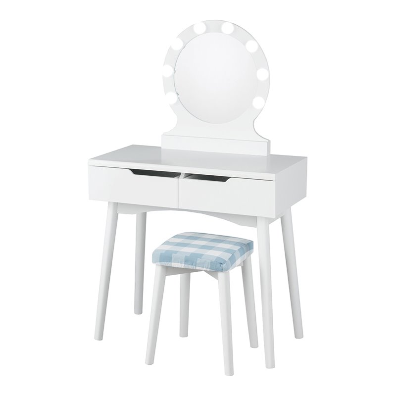 Pemberly Row MDF Vanity Makeup Dressing Set w/ 8 Dimmable Bulbs Mirror in White