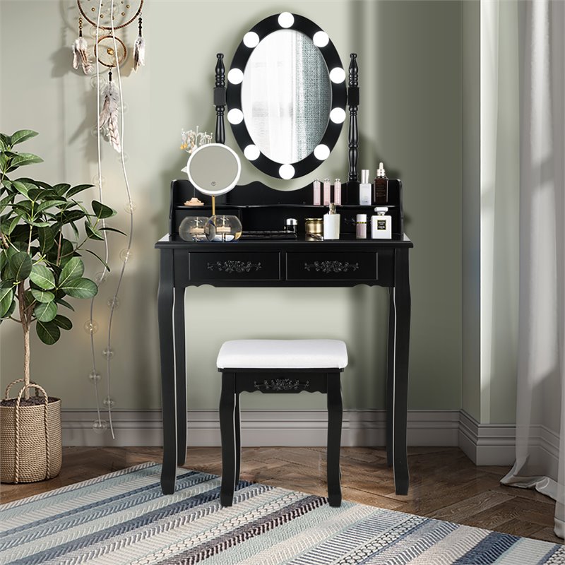 Pemberly Row P2 MDF Vanity Dressing Table Set with 4 Drawers in Black