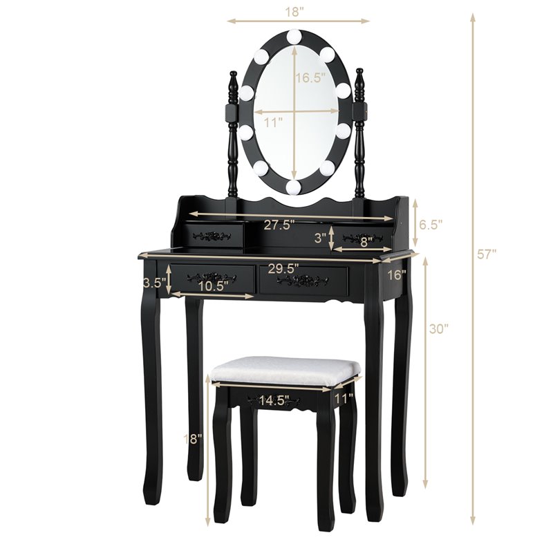 Pemberly Row P2 MDF Vanity Dressing Table Set with 4 Drawers in Black