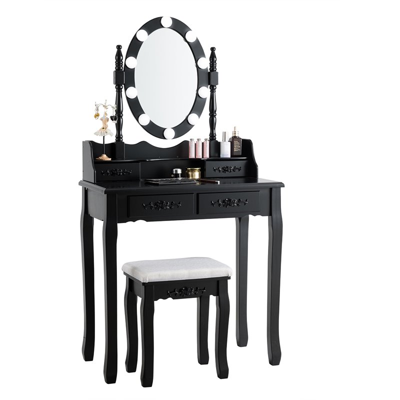 Pemberly Row P2 MDF Vanity Dressing Table Set with 4 Drawers in Black