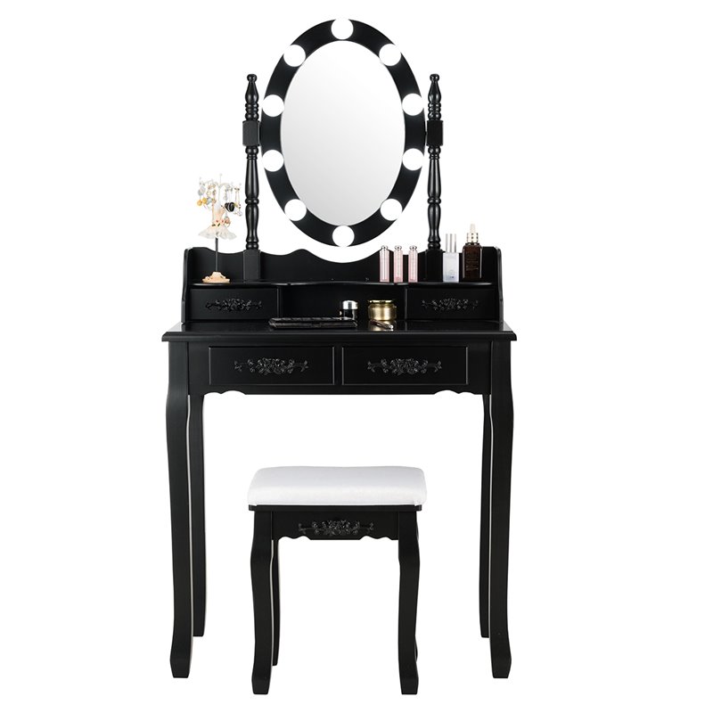 Pemberly Row P2 MDF Vanity Dressing Table Set with 4 Drawers in Black