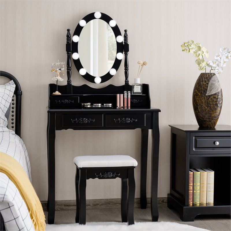 Pemberly Row P2 MDF Vanity Dressing Table Set with 4 Drawers in Black