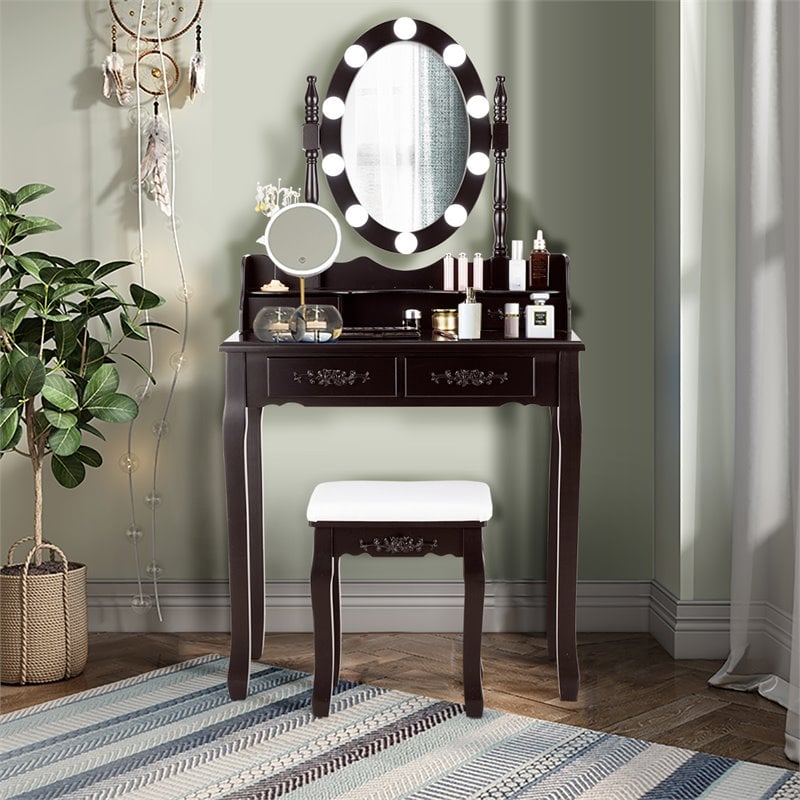 Pemberly Row P2 MDF Vanity Dressing Table Set with 4 Drawers in Brown