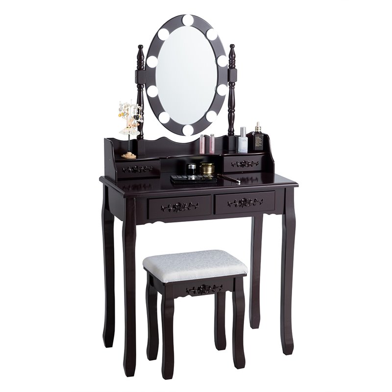 Pemberly Row P2 MDF Vanity Dressing Table Set with 4 Drawers in Brown