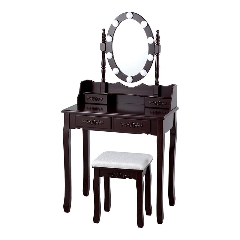 Pemberly Row P2 MDF Vanity Dressing Table Set with 4 Drawers in Brown