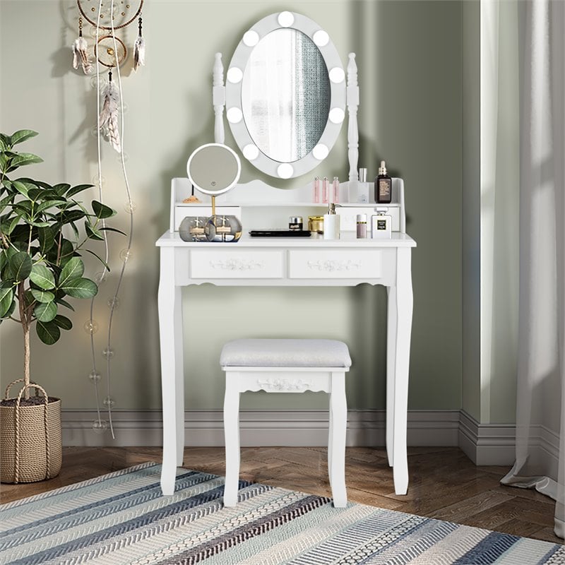 Pemberly Row P2 MDF Vanity Dressing Table Set with 4 Drawers in White