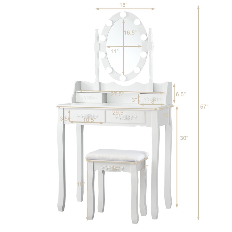 Pemberly Row P2 MDF Vanity Dressing Table Set with 4 Drawers in White
