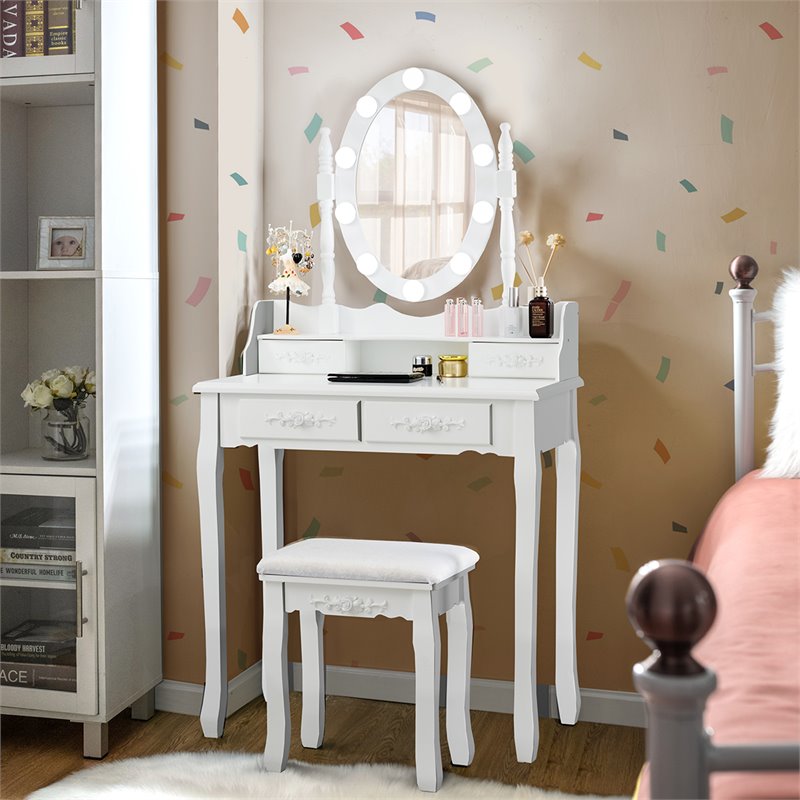 Pemberly Row P2 MDF Vanity Dressing Table Set with 4 Drawers in White