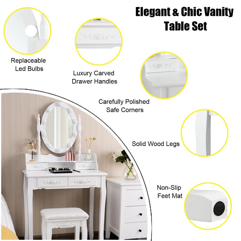 Pemberly Row P2 MDF Vanity Dressing Table Set with 4 Drawers in White
