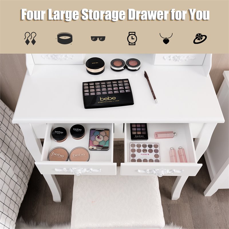 Pemberly Row P2 MDF Vanity Dressing Table Set with 4 Drawers in White