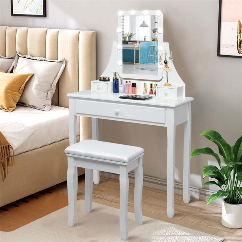 Pemberly Row Contemporary MDF and Pine Vanity Table Set with 3 Drawers in White