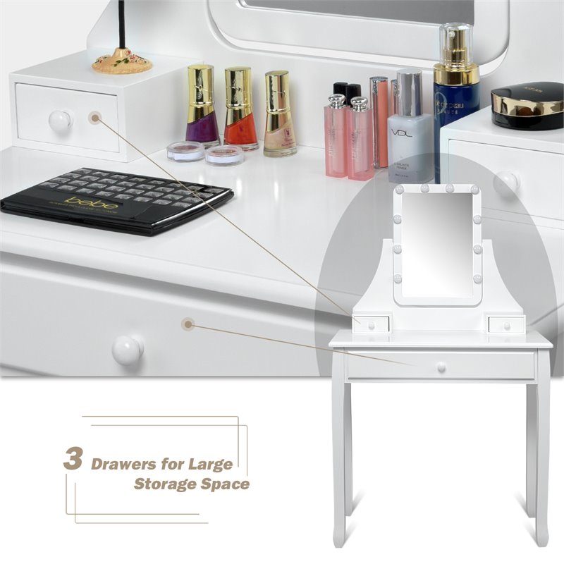 Pemberly Row Contemporary MDF and Pine Vanity Table Set with 3 Drawers in White