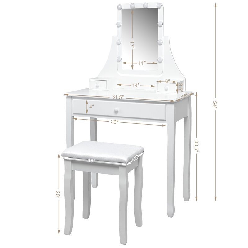 Pemberly Row Contemporary MDF and Pine Vanity Table Set with 3 Drawers in White