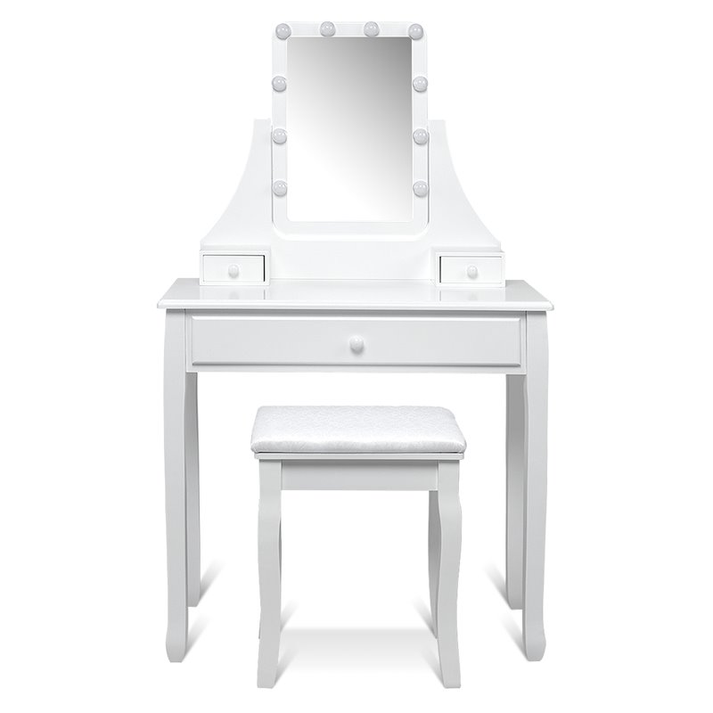 Pemberly Row Contemporary MDF and Pine Vanity Table Set with 3 Drawers in White
