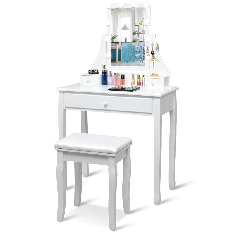 Pemberly Row Contemporary MDF and Pine Vanity Table Set with 3 Drawers in White