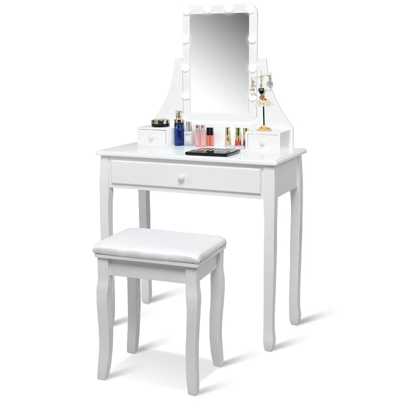 Pemberly Row Contemporary MDF and Pine Vanity Table Set with 3 Drawers in White