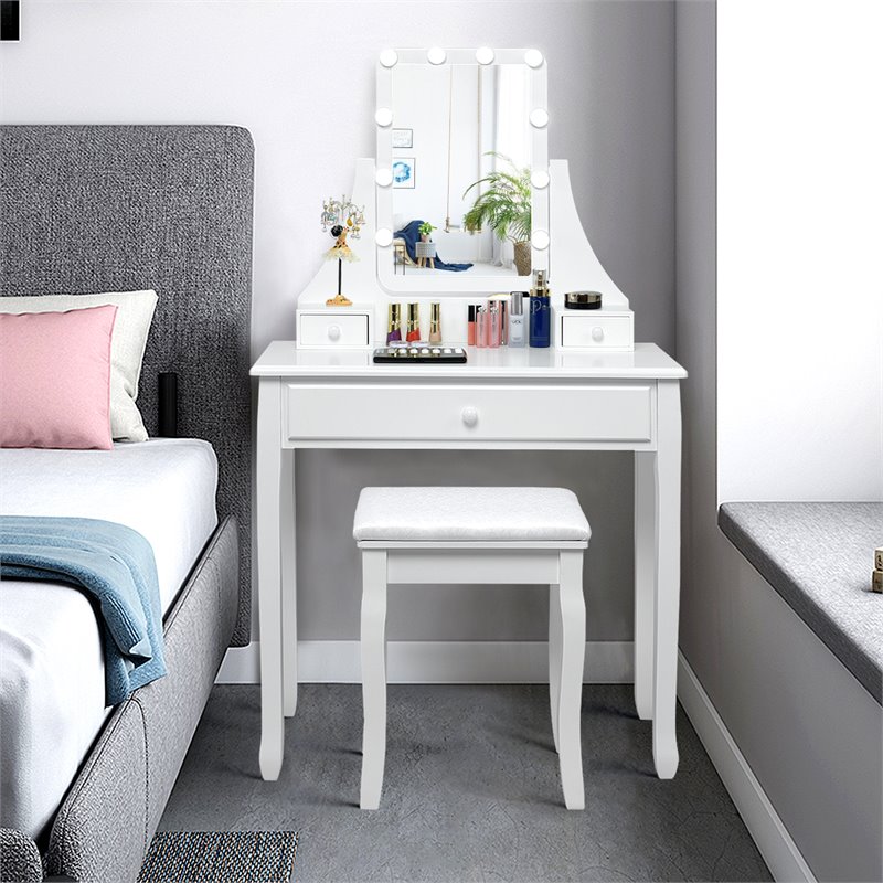 Pemberly Row Contemporary MDF and Pine Vanity Table Set with 3 Drawers in White