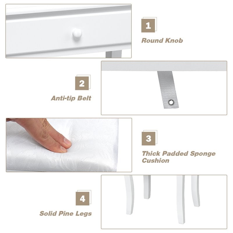 Pemberly Row Contemporary MDF and Pine Vanity Table Set with 3 Drawers in White