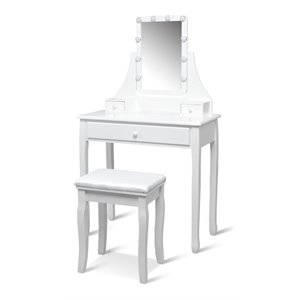 Pemberly Row Contemporary MDF and Pine Vanity Table Set with 3 Drawers in White