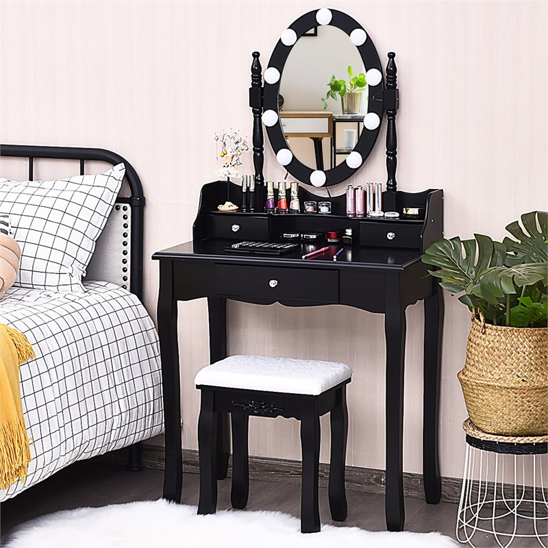 Pemberly Row MDF Vanity Dressing Table Set with 2 Side Drawers in Black