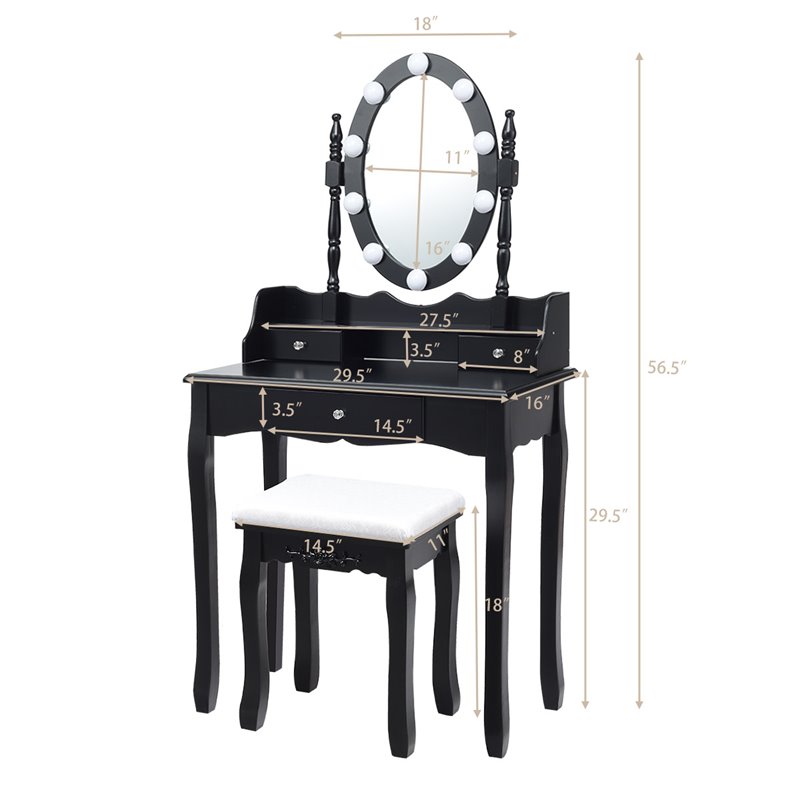 Pemberly Row MDF Vanity Dressing Table Set with 2 Side Drawers in Black