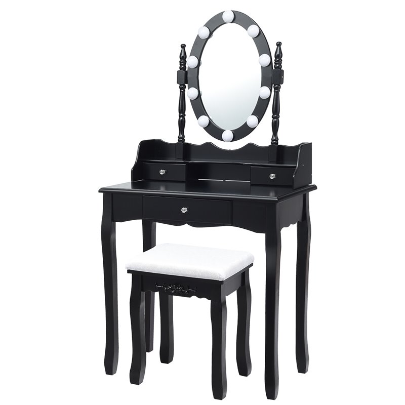 Pemberly Row MDF Vanity Dressing Table Set with 2 Side Drawers in Black