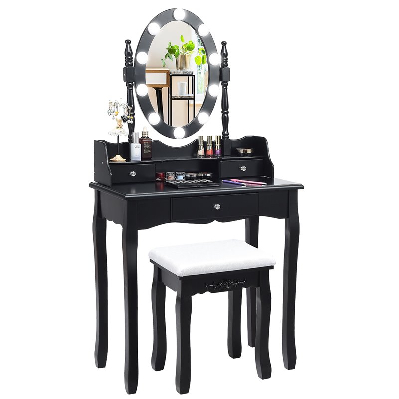 Pemberly Row MDF Vanity Dressing Table Set with 2 Side Drawers in Black