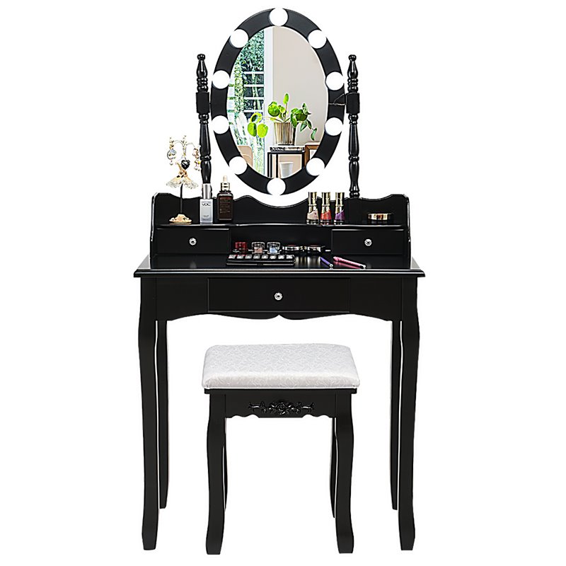 Pemberly Row MDF Vanity Dressing Table Set with 2 Side Drawers in Black