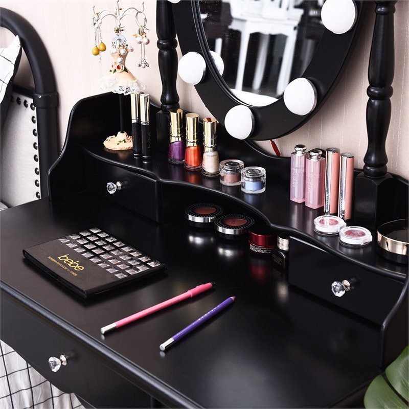 Pemberly Row MDF Vanity Dressing Table Set with 2 Side Drawers in Black