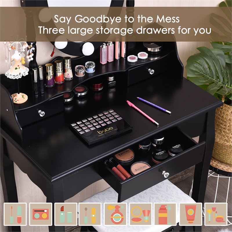 Pemberly Row MDF Vanity Dressing Table Set with 2 Side Drawers in Black