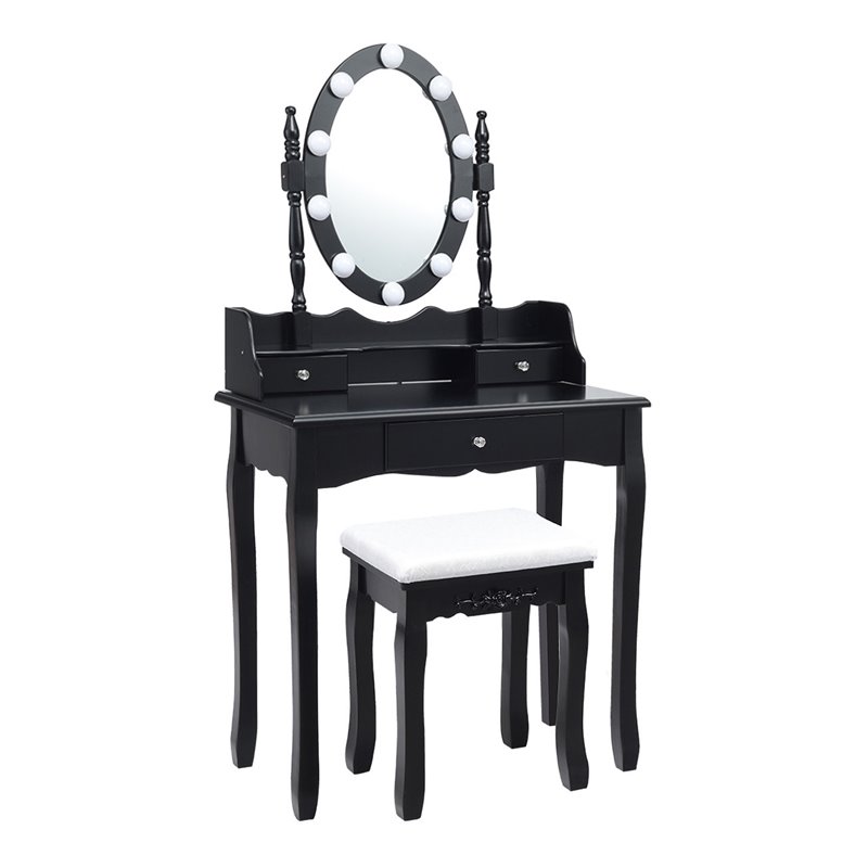 Pemberly Row MDF Vanity Dressing Table Set with 2 Side Drawers in Black